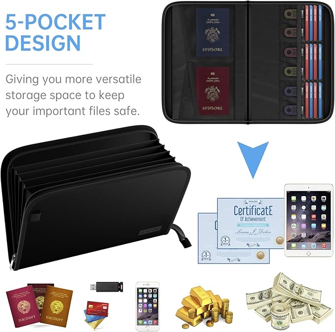 ENGPOW Expanding File Folder with Multi-Function Pockets,Fireproof File Organizer Accordion Document Organizer with Letter A4 Size Storage For Important Document,Money,Card,USB,Passport,5-Pocket,Black