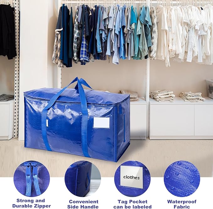 Extra Large Storage Bags, 23 Gallon Capacity, Pink Waterproof Moving Totes with Handles and Label Pocket, Heavy Duty Zipper (2 Pack Blue)