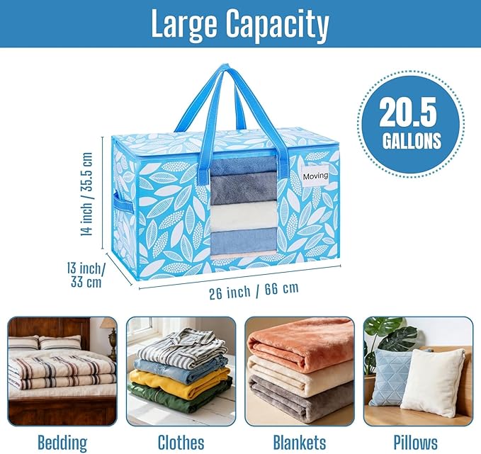 VENO 6 Pack Heavy Duty Moving Bags, Clothes and Comforter Storage Bags with Clear Window, College Dorm Essentials Packing Supplies, Foldable Boxes Alternative (Spring Breeze, 6 Pack)