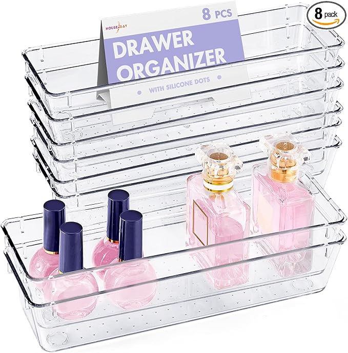 HOUSE DAY Desk Drawer Organizer Bins 8 PCS, 9*3*2" Clear Drawer Organizers with Silicone Pads, Vanity Organizers and Storage, Non Slip Plastic Drawer Organizer for Makeup, Bathroom, Kitchen, Office