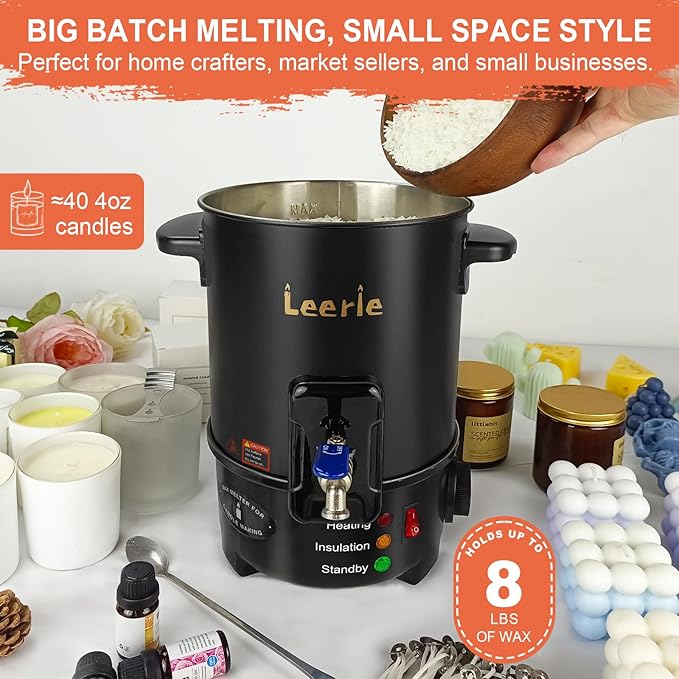 Leerie M4 8Lbs Wax Melter for Candle Making – Heating Core Brass Spout & Temp Control, No Clog, Easy to Clean – Electric Wax Melting Pot for DIY Candle Makers & Beginners