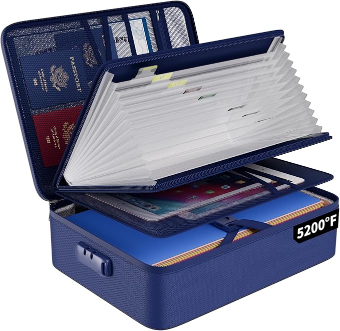 ENGPOW 5200℉ Fireproof File Organizer Bag with 13 Pocket Accordion File Folder,Document Organizer Box with Lock&Labels,Multi-Layer Portable Home Travel Safe Storage Box for Important Documents,Blue