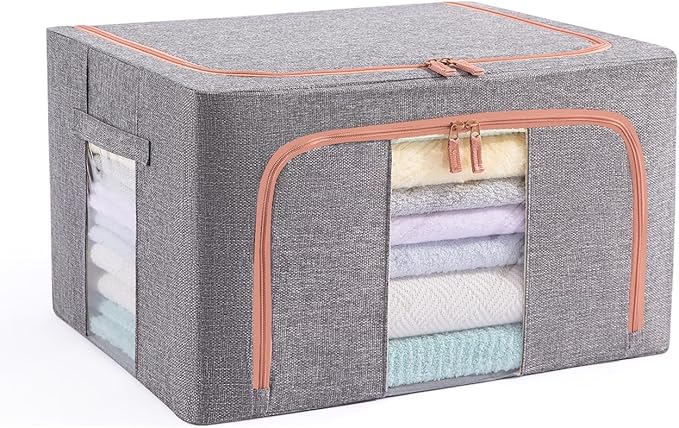 GuliPostan 24L Stackable Clothes Storage Bins with Metal Frame Handles & Zipper, Collapsible Closet Organizer Box with Lid for Bedding Blankets Towel (Grey,1 pack)