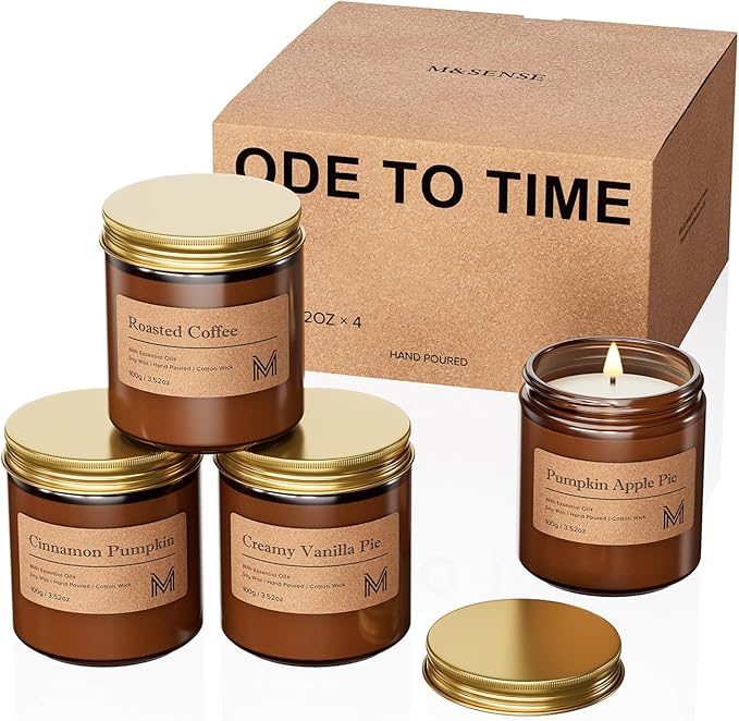 M&SENSE 4 Pack Fall Christmas Candle Gift Set, Aromatherapy Candle Gift for for Men and Women, Soy Wax Candles Home Scented, Long Lasting Amber Jar Xmas Candles for Christmas, Thanksgiving, Holiday