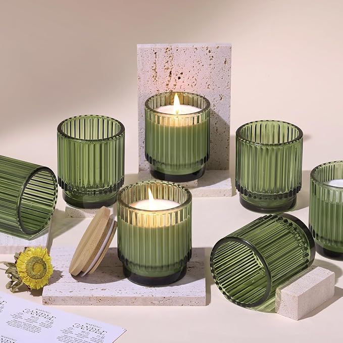 DEVI 7oz Empty Green Ribbed Glass Candle Jars - Set of 8, Glass Candle Containers with Bamboo Lids, Bulk Supplies for Gifts & Wedding Decorations
