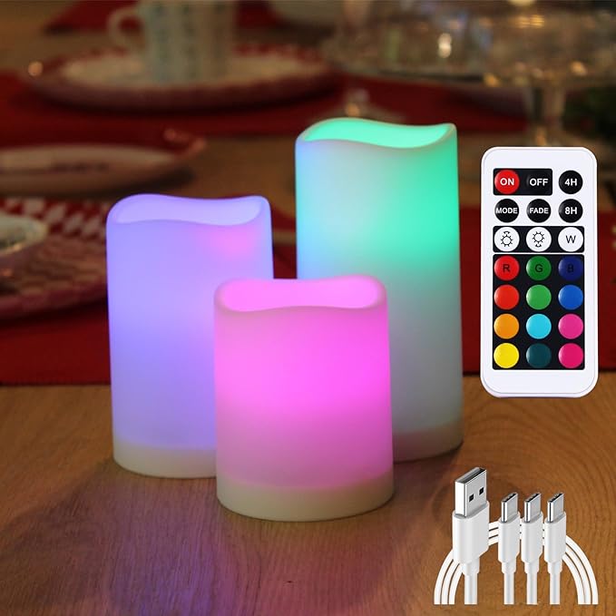 WRalwaysLX 3pack USB Type-C Rechargeable Color-Changing LED Pillar Candles with Remote Control, Dia2.5, H3 4" 5" for Bedroom, Living Room...