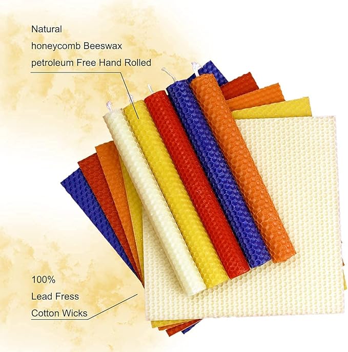 DEYBBY Handmade Beeswax Taper Candles, Dripless Wax Candles, Hand-Rolled Honeycomb Candles for Dinner Party, Set of 6 Flat Top（Brown Raw）