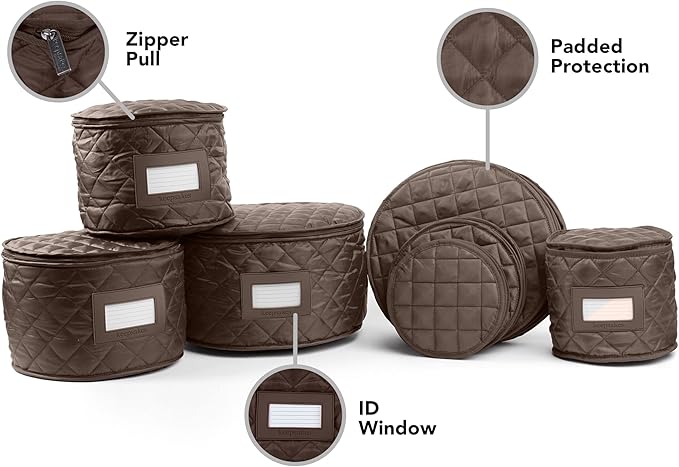 Covermates Keepsakes Dish Storage Set – Padded China & Dinnerware Storage Cases with Dividers, Cup & Stemware Storage, Quilted Polyester Protection, ID Window, Bronze
