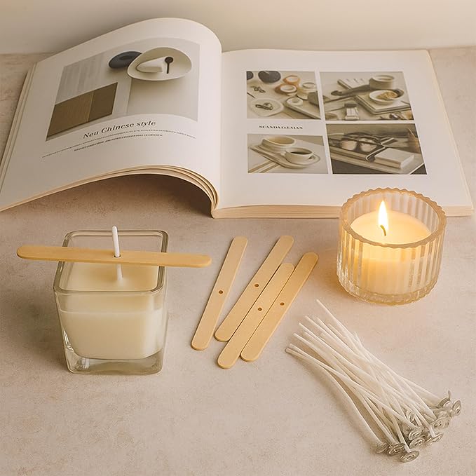 Candle Wicks for Candle Making 150Pcs with 160Pcs Wick Stickers and 12Pcs Candle Wick Holders 48Pcs Warning Labels for DIY Candle Making ((4"+6"+8")