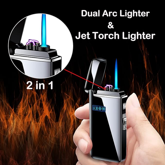 Electronic Lighter, Jet Flame Torch Lighters, 2 in 1 Arc Electric USB Rechargeable Windproof Infinity Lighter, Refillable Butane for Cigar, BBQs, Fireworks, Candle, Camping (Red)