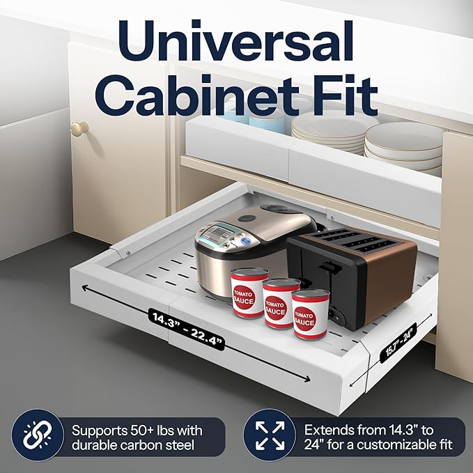 Heavy Duty Single Pull Out Cabinet Organizer for Kitchen Drawer or Shelf – Expandable in Width & Depth, Slides Out for Easy Access, Holds up to 50 lbs – 14.3"-22.4" Deep, 15.7"-24" Wide - White