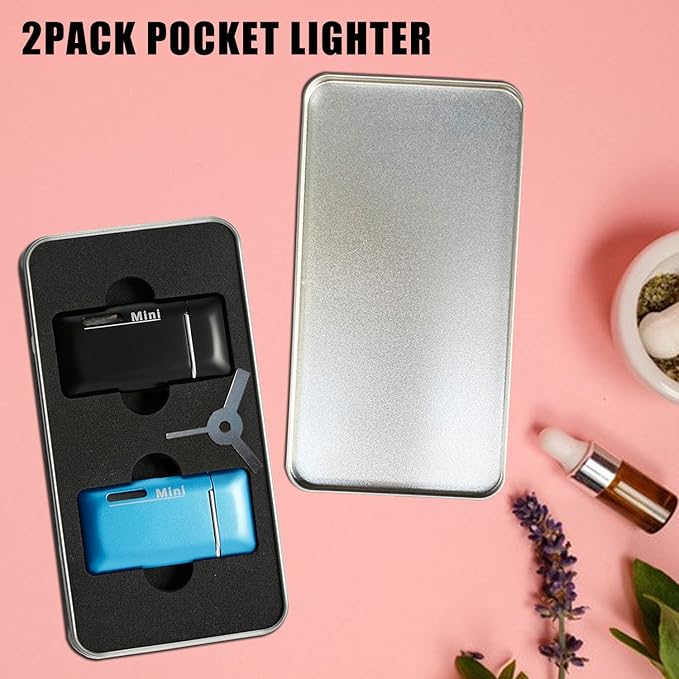 2 Pack Mini Butane Lighter, Double Jet Torch Lighter with Visible Window, Refillable and Adjustable Pocket Lighter, Great Little Gift for Men and Women, Black and Blue (Without Gas)