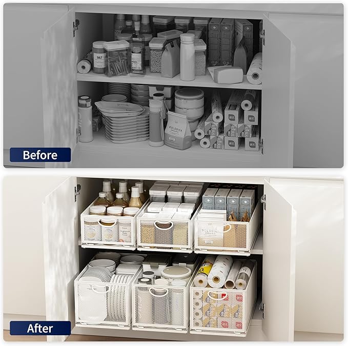 2 Pack Pull Out Cabinet Organizer, No Drill Adhesive Sliding Drawers for Kitchen, Metal Mesh Wire Storage Shelf for Pantry & Under Sink, White (9.6" W x 15.7" D x 3.9" H)