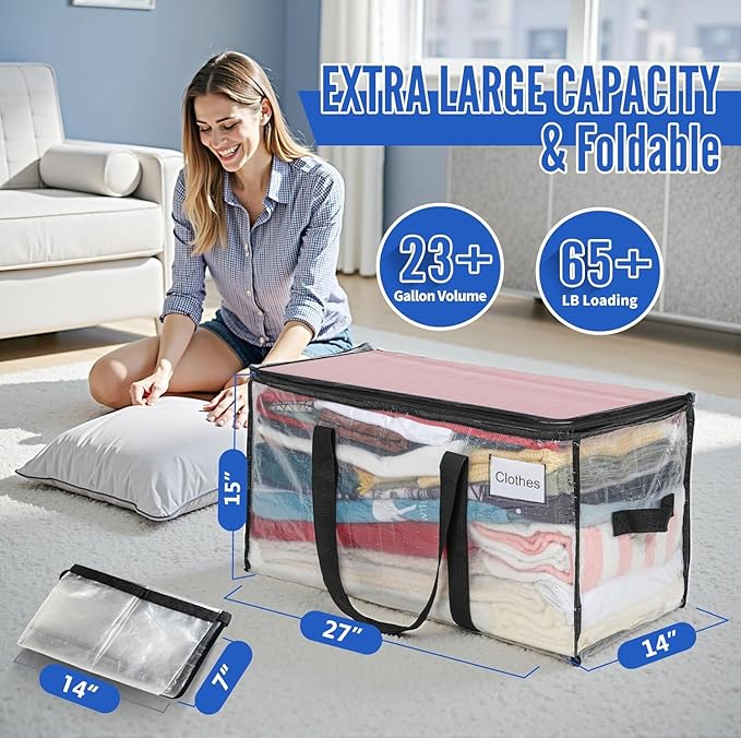 BAGAIL Heavy Duty Moving Bags with Strong Handle, Extra Large Moving Boxes, Storage Tote for Clothes, College Moving Supplies(Clear,93L-6pack)