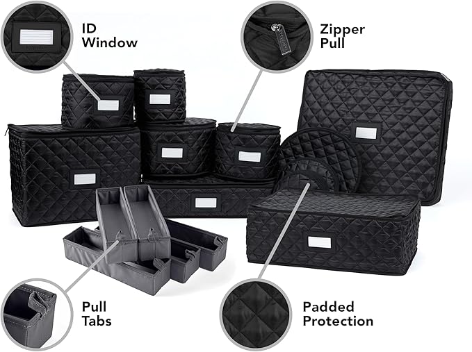 Covermates Keepsakes Dish Storage Set – Padded China & Dinnerware Storage Cases with Dividers, Cup & Stemware Storage, Quilted Polyester Protection, ID Window, Black