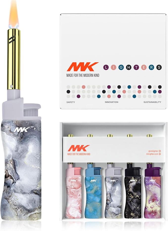 5pc MK Lighter Refillable Butane Lighters – Windproof Torch Flame, Multipurpose Jet Flame Butane with Long Wand for Indoor & Outdoor Use Gift Couples Friends Family (Marble - 5PCS)