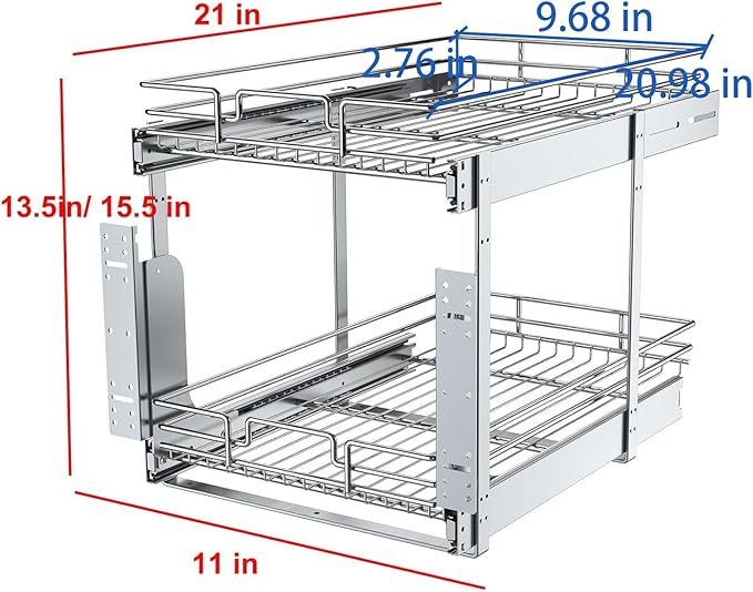 2 Tier Pull Out Cabinet Organizer, 11" W x 21" D Heavy-Duty Metal Sliding Drawer Shelf for Kitchen Cabinets, Chrome, Doesn't Include Door Fittings