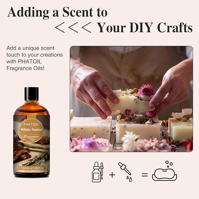 PHATOIL 3.38FL.OZ White Santal Fragrance Oils for Aromatherapy, Essential Oils for Diffusers for Home, Perfect for Diffuser, Yoga, Skin Care, DIY Candle and Soap Making - 100ml