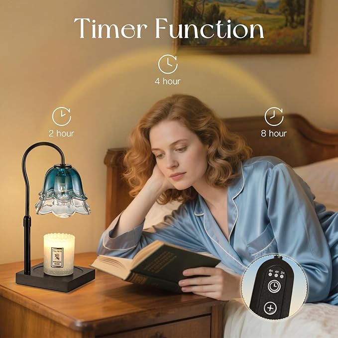 Candeldo Candle Warmer Lamp with Timer: Navy Blue Flower Candle Warming Lamp with 2 Bulbs Height Adjustable Wax Warmer Dimmable Bedroom Decor Mothers Day Birthday Gift for Women