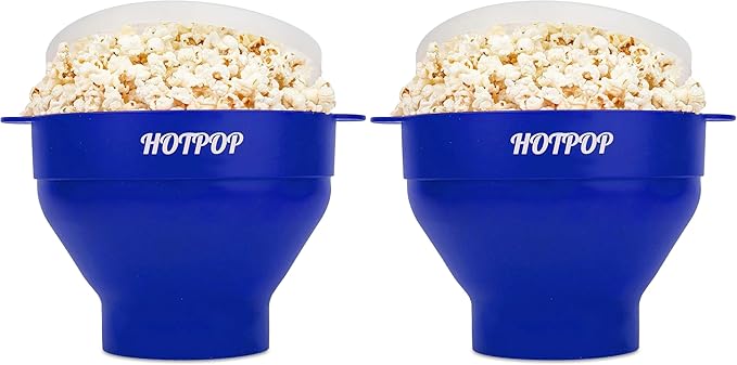 The Original Hotpop Microwave Popcorn Popper, Silicone Popcorn Maker, Collapsible Bowl BPA-Free and Dishwasher Safe- 20 Colors Available (Blue) (Pack of 2)