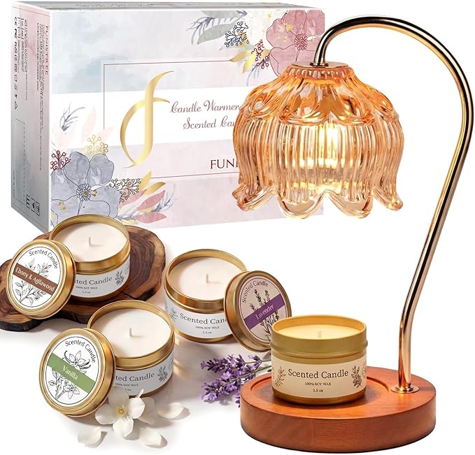 Funistree Candle Warmer Lamp Gift Set with 3 Jar Candles & Gift Box, Gifts for Women Christmas Birthday, Mom Sister Friend Gift, Lavender, Vanilla, Ebony, 2 Bulbs