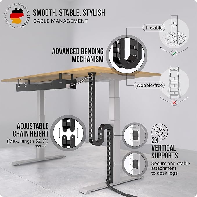 Ultimate Setup Under Desk Cable Management Vertebrae - Perfect for Sit Stand Desk - Wire Management - Adjustable Length - Flexible Cable Spine - Black, 133 cm