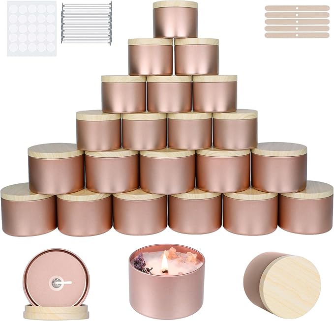 CONNOO 24 Pack Candle Tins, 12pcs 8 OZ & 12pcs 4 OZ Rose Gold Jars with Metal Wood-Grain Lids, Bulk Empty Containers for Candle Making, Wick Kit Included