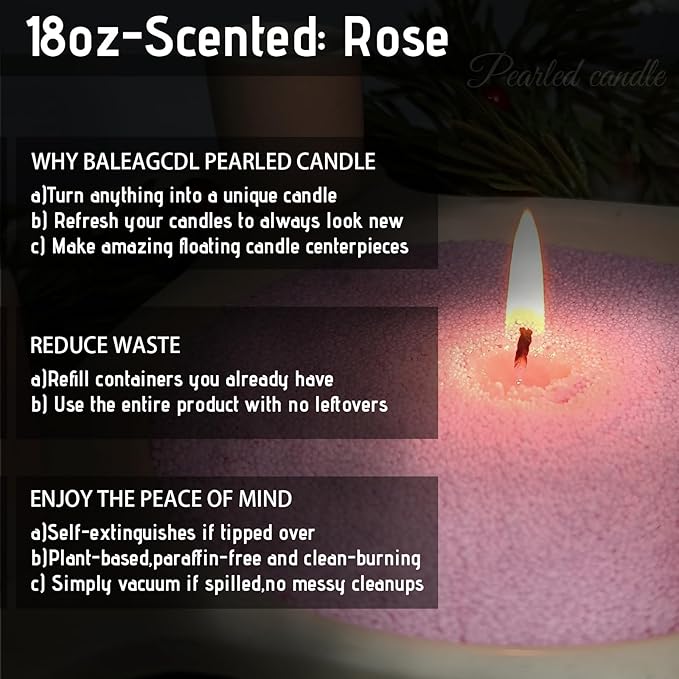 Pearled Candle 18 Oz with 30 Wicks - Rose Scented Sand Candles Pink Refillable Wax Lasts up to 120 Hours - Smooth and Clean Burning for Candle Making