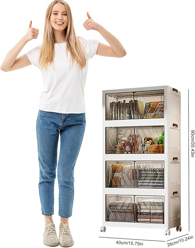 4-Tier Stackable Storage Bins with Lids 94QT Plastic Large Collapsible Storage Containers with Wheels and Magnetic Doors Foldable Closet Organizers for Living Room Garage Home Office, Clear