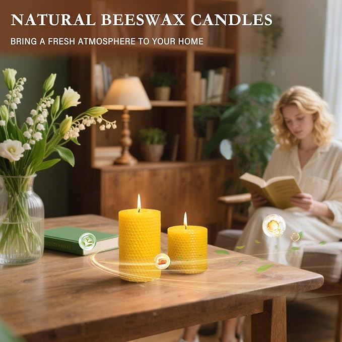 3 Pack Beeswax Pillar Candles Set,100 Hours All Natural Beeswax Rolled Candles 2.8" Width 3" 4" 6" Height 100% Pure Unscented Honeycomb Bees Wax Candle for Home, Wedding, Meditation