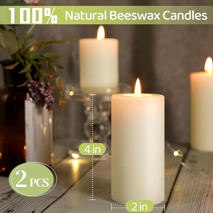 Beeswax Pillar Candles,86 Hours Long Burning Pure Off-White Beeswax Candles,Unscented Bees Wax Candles for Home,Prayer,Dripless Smokeless Organic 100% Beeswax Candles Bulk 2x4in-2pack