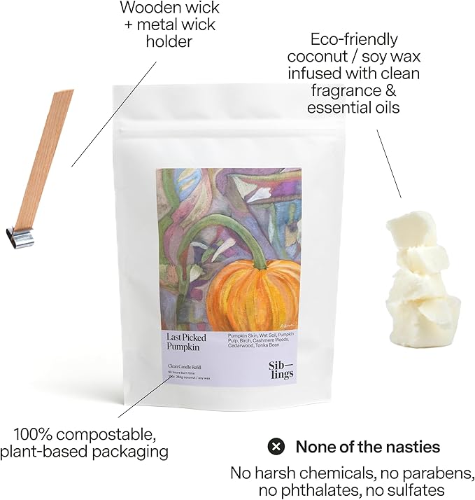 Siblings Candle Refill Kit – DIY Coconut Soy Wax Candle Making Kit for Reusable Vessels – Non-Toxic Clean Burn, Wooden Wick – Last Picked Pumpkin Spice Scent – 60 Hour Burn