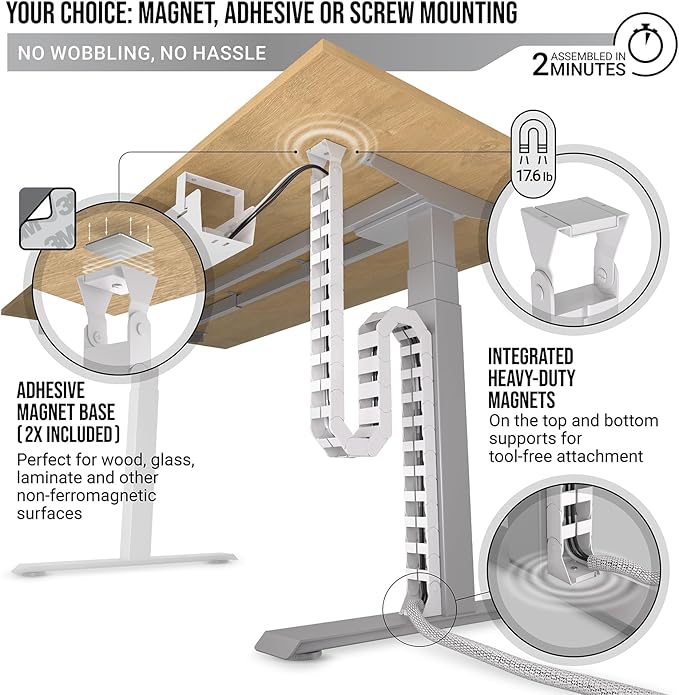 Ultimate Setup Under Desk Cable Management Vertebrae - Perfect for Sit Stand Desk - White, 133 cm