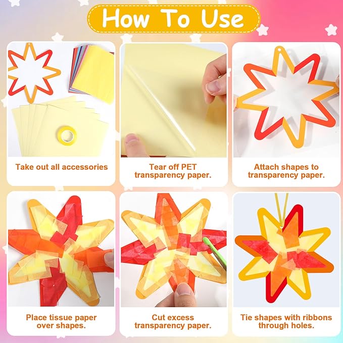 Qyeahkj 36 Set Summer Star Suncatchers Crafts for DIY Star Window Tissue Paper Craft Kit Art Ornament Hanging Decor for Home Activity Art Project Birthday Party Favors Gifts