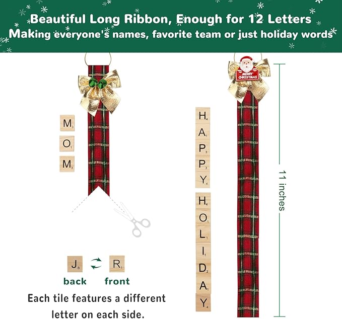 Christmas Ornaments Tree Decorations Personalized Crafts for Adults Kit DIY Ribbon Letter Tiles Bells Rustic Stockings Name Tags Hanging Xmas Decor for Gifts Wreath Holiday(Tartan)