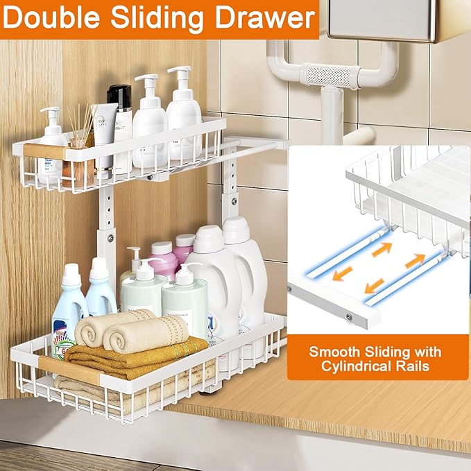 2 Pack Under Sink Organizers and Storage, Adjustable Height,2 Tier Pull Out Under Cabinet Organizer with 2 Hanging Cups and 6 Hooks,Slide Out Thickened Metal Undersink Organizers for Kitchen Bathroom
