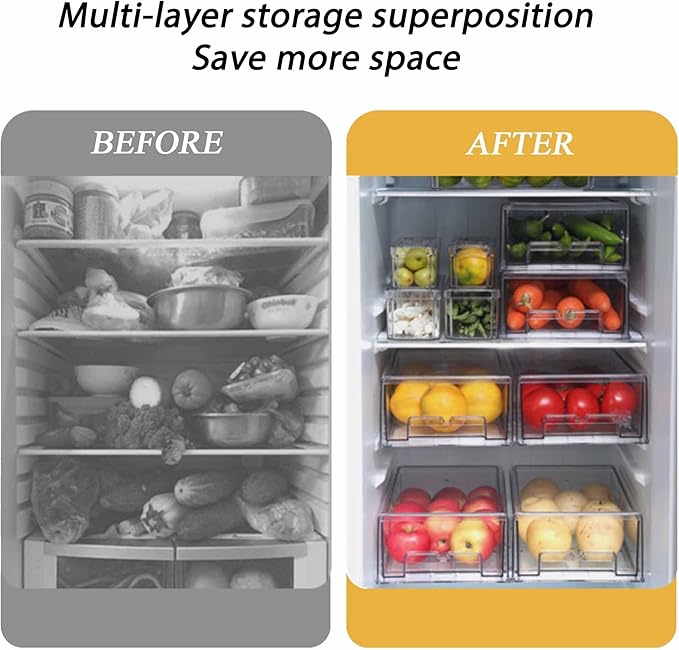 bealy 2 Pack Stackable Clear Storage Drawer,Clear Refrigerator Organizers and Storage Drawer, Pull Out Drawer for Fridge Kitchen Bathroom Cabinet Closet Organizer Pantry