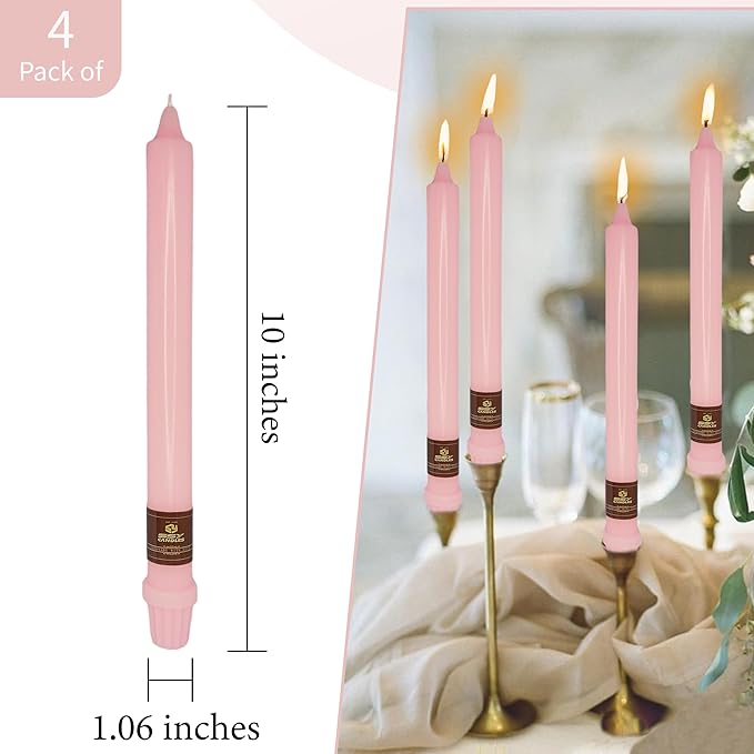 Pink Long Taper Candle 10 Inch Candlesticks Unscented Dripless Tapered Candle Set for Home Decor Wedding Party Dinner Candles, 4 Pack
