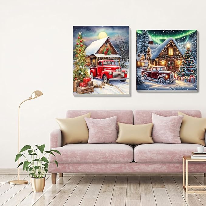 2 pack Christmas Paint by Numbers Kit for Adults Beginner With Framed,Winter Truck Easy Adult Paint by Number Kits on Canvas DIY Painting for Beginners Art by Numbers for Home Wall Decor 10x12 Inch