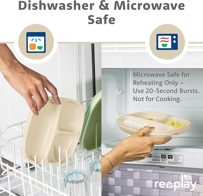 Re-Play Toddler Plates with Dividers & Silicone Lid - Deep-Walled 3 Compartments Divided Plates for Kids - Dishwasher/Microwave Safe - Made in USA - Set of 4-7.37" x 7.37" x 1.25" - Cool Naturals