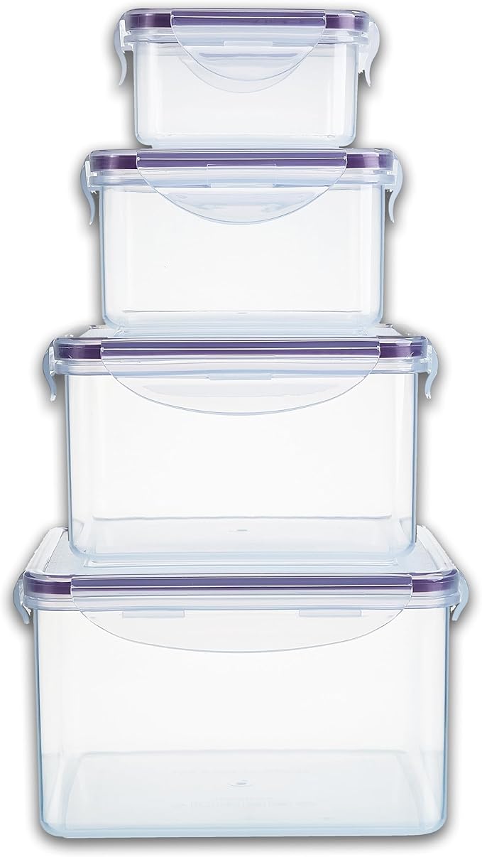 Set of 4 Square Nesting Food Storage Containers - Reusable, BPA Free Plastic, Snap Lock Lids With a Leakproof Silicone Seal. Great for Snacks, Soup, Fruit, Salad and Food Storage…