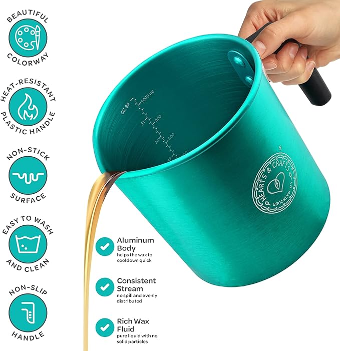 Hearts and Crafts 32oz Candle Pouring Pot - Wax Pourer for Candle Making - Aluminum Soap Melting Pot with Heat-Resistant Handle and No-Drip Spout - Holds 2 lbs Melted Wax for DIY Crafts - Teal