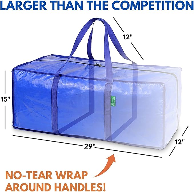 Creative Green Life Extra Large Moving Bags and Clothing Storage Bins with Strong Zipper & Carry Handles, Stackable, Heavy Duty Packing Moving Boxes for College Dorm Room Essentials (Blue, 4 Pack)