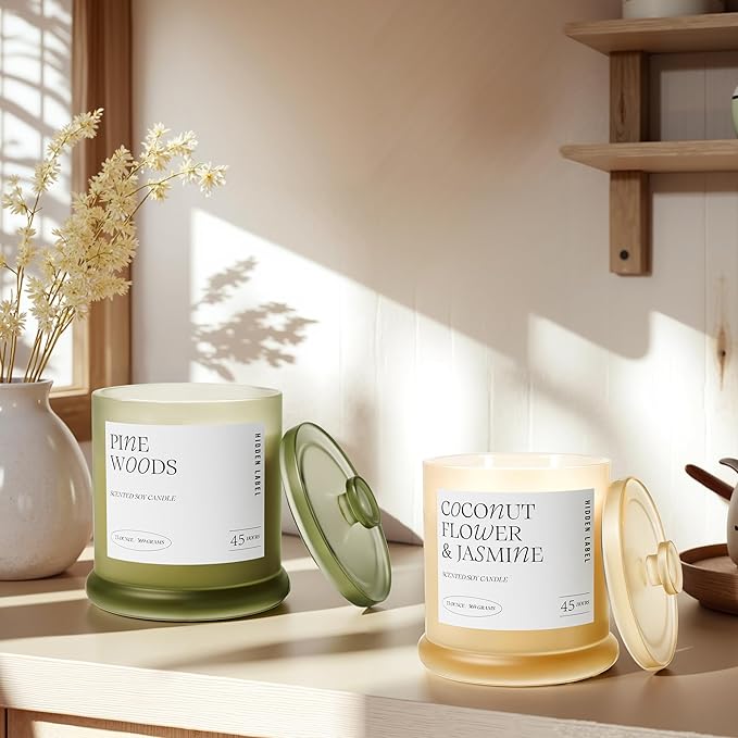 Hidden Label Coconut Flower & Jasmine Scented Candle | 2 Wick Large Candles for Home Scented 13oz 75Hour Long Lasting Slow Burning | Aromatherapy Candle for Home Decor, Stress Relief & Relaxation