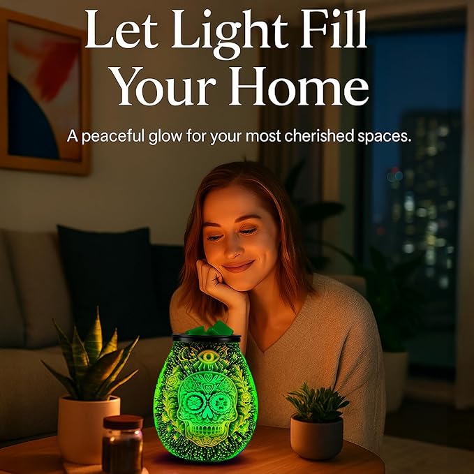 Leyoue 3D Glass Fireworks Electric Wax Melt Warmer with PTC Heating Plate 7 Colors LED Changing Light Wax Burner Melter Fragrance Warmer for Home (Skull Head)