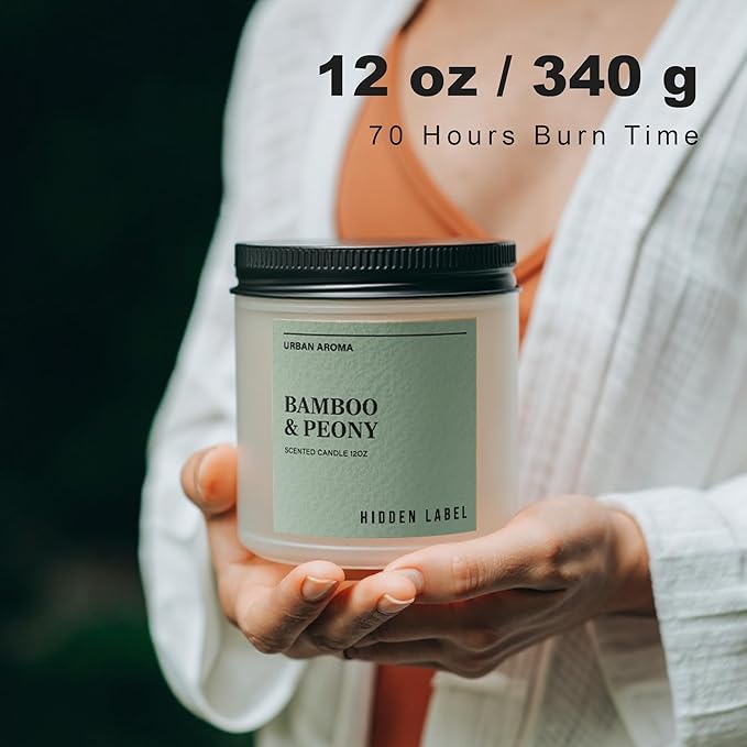 Bamboo & Peony Scented Candle,|12oz Natural Soy Candle, 70-Hour Clean Burning, Japandi Home Décor, Mindful Aromatherapy for Focus & Relaxation, Elegant Gift for Housewarming