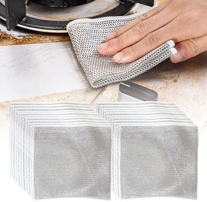 Non Scratch Wire Dishcloth Wet and Dry, 2024 New Kitchen Dish Towels Double Layer Wire Dishwashing Rags Cleaning Pads, Multipurpose Metal Wire Dishcloth Reusable Scrubbing Pads for Kitchen (10PCS)