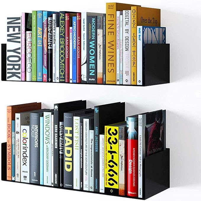 Wallniture Bali Floating Wall Mount Metal U Shape Shelf Book CD DVD Storage Display Bookcase Black Set of 2
