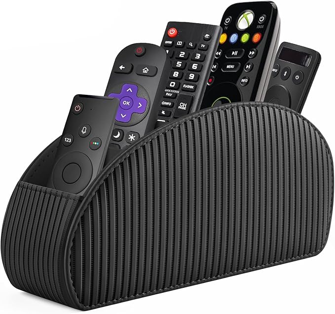 SITHON Remote Control Holder with 5 Compartments - PU Leather Remote Caddy Desktop Organizer Store TV, DVD, Blu-Ray, Media Player, Heater Controllers, Stripe Black