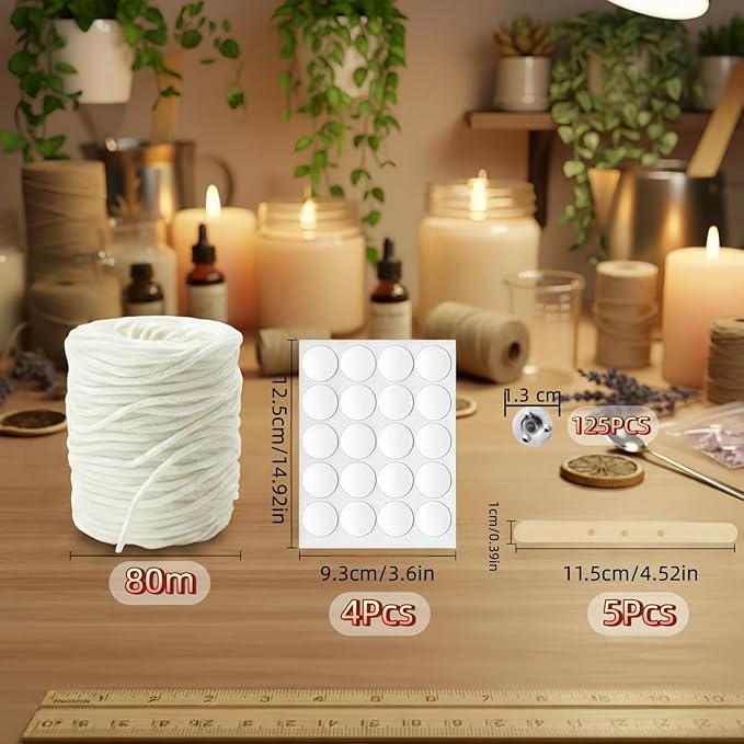 【262 Feet】 Candle Wick with 125 Pcs Metal Candle Wick Sustainer Tabs, 80Pcs Candle Wick Stickers and 5Pcs Wooden Candle Wick Centering Device, 80m Natural Cotton Candle Wicks for Candle Making Kit